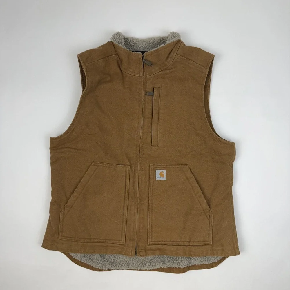 Womens Carhartt Washed Duck Sherpa-Lined Brown Mock-Neck Vest Size Medium GUC